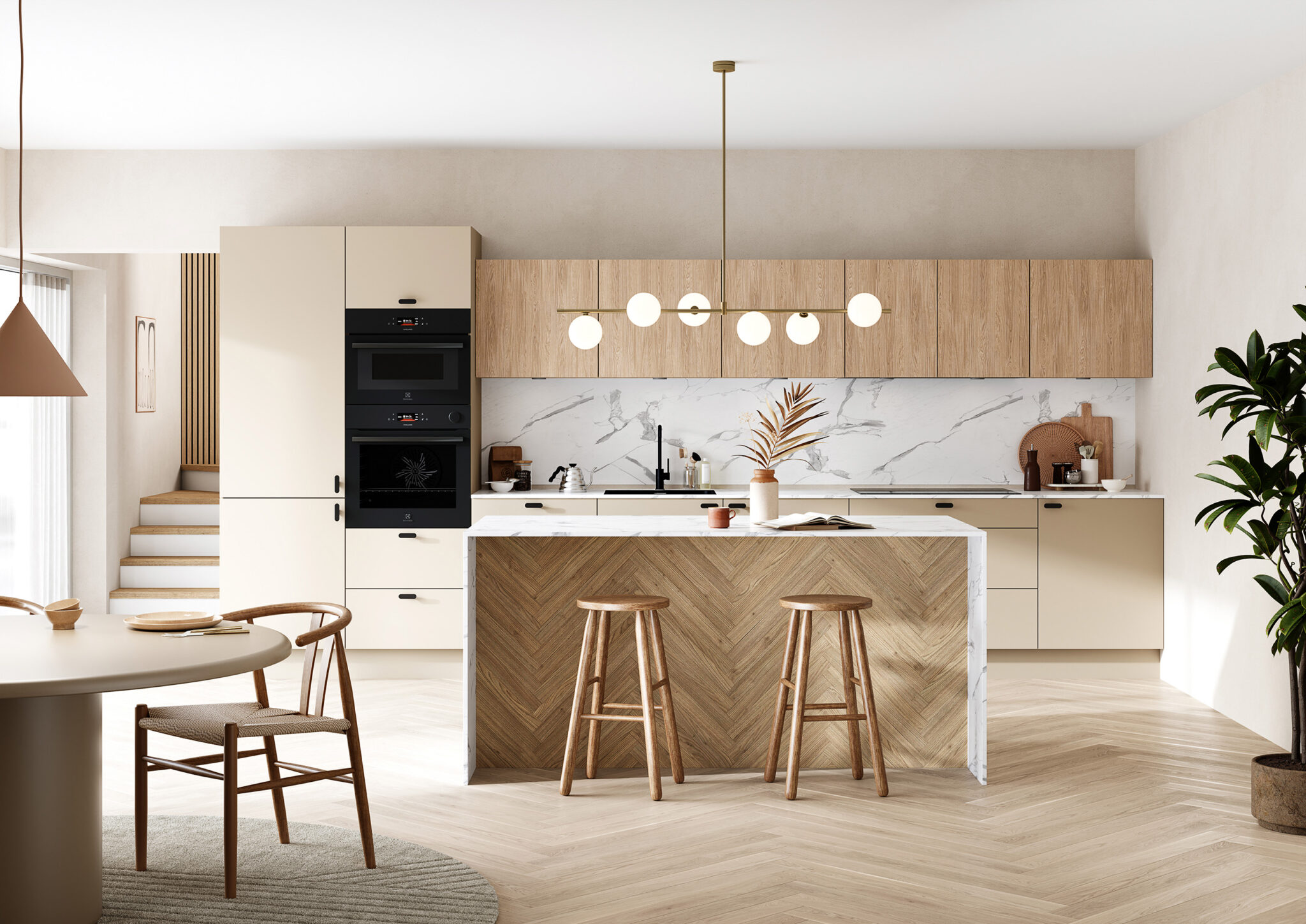 Ett öppet och socialt kök i sandfärgade toner