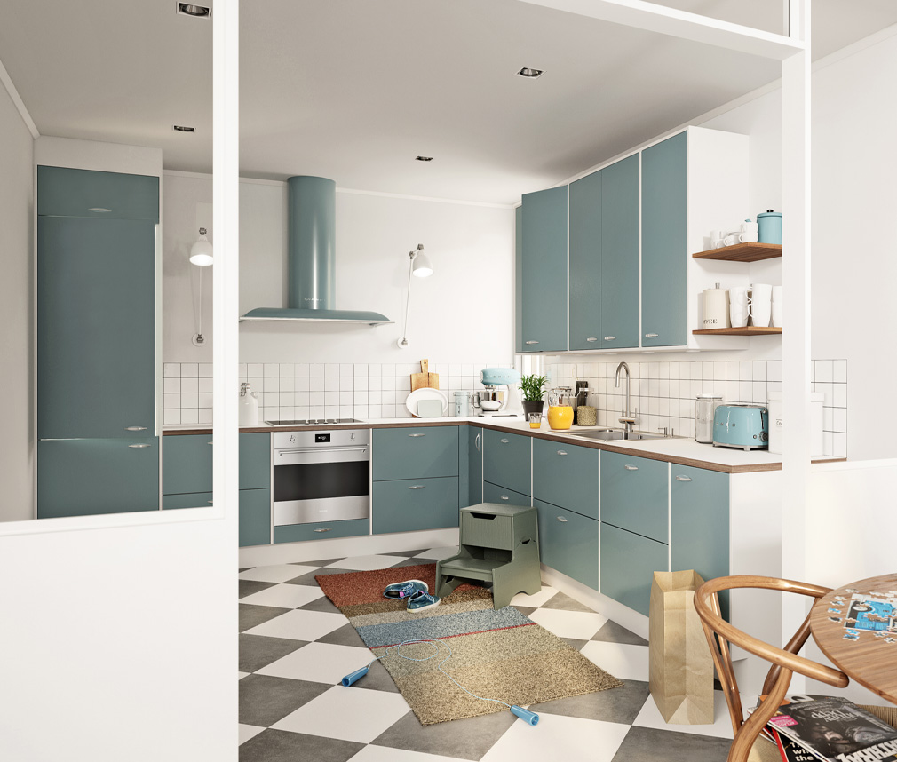 Ett retrokök i blå färg