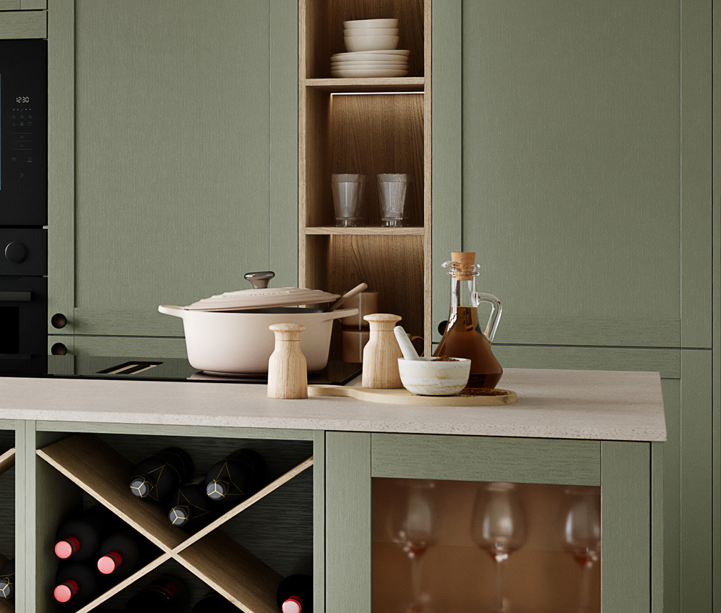 Grönt shaker kök med vinhylloor och vitrinskåp