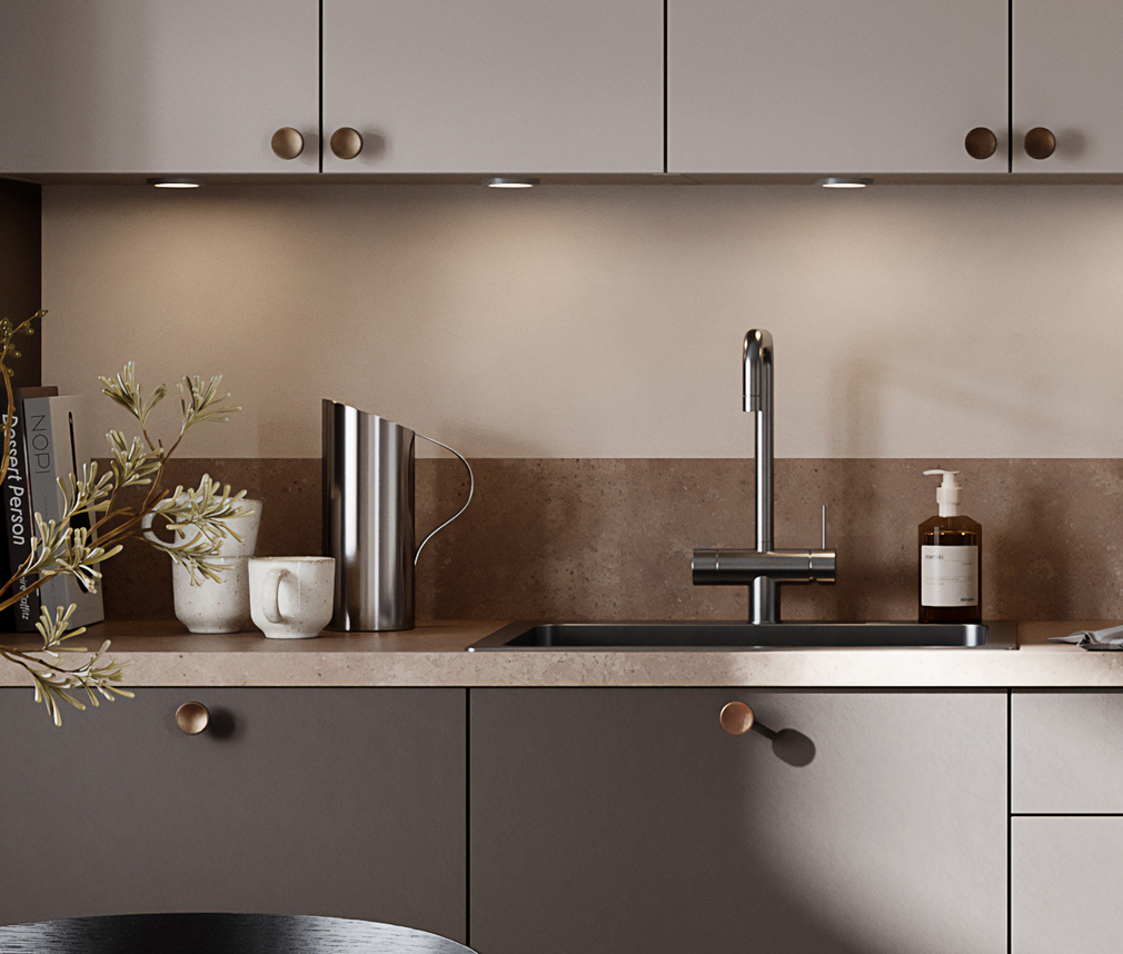 Trendigt kök i nyanserna sand och kaffe